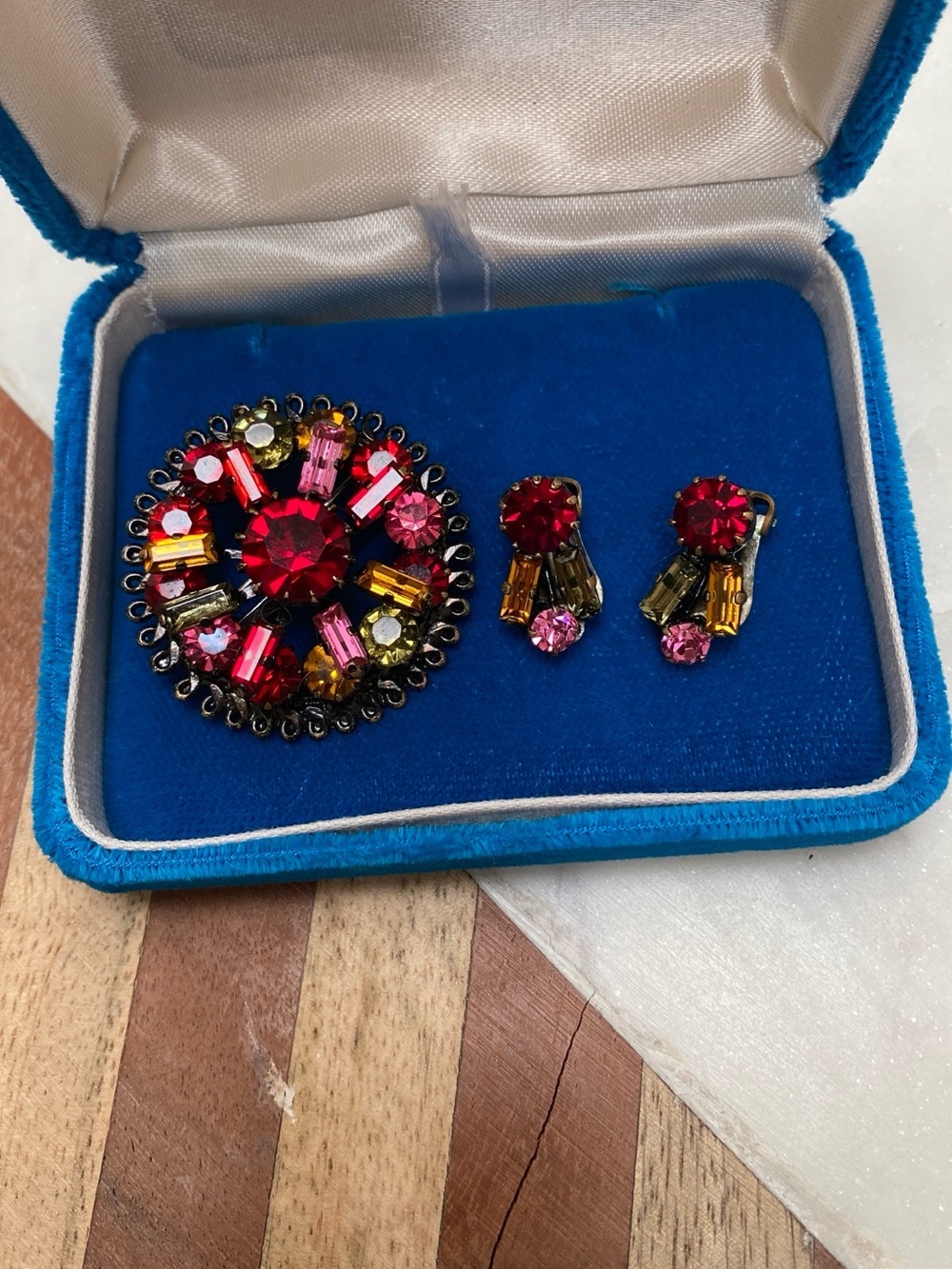 Vintage - Multicolor Crystal Rhinestone Brooch and Clip-On Earring Set
